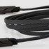 A black and grey braided charging and data cable with connectors at each end, featuring a logo.