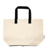 A beige foldable tote bag with black handles and a zip closure, featuring a logo on the side.