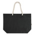 A black tote bag with a rope handle and a fabric logo tag.