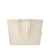 A cream beach tote bag with thick rope handles, featuring a logo.