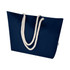 A navy blue beach tote bag with white rope handles and a branding logo.
