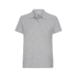 A grey women's polo shirt with a collar and short sleeves, featuring a branded logo.
