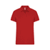 A red women's polo shirt featuring a classic collar and short sleeves, with a logo on the chest.