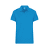 A blue women's polo shirt with a classic collar and short sleeves, featuring a logo.