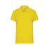 A bright yellow women's polo shirt featuring a collar and short sleeves, with a branding logo.