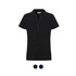 A women's polo shirt in black, featuring a button-up front and a branded label. Available in additional colours.