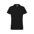 A black women's polo shirt with a collared neckline and short sleeves, featuring a button placket and a logo.