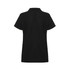 A women's black polo shirt with short sleeves and a classic collar, featuring a logo.