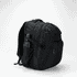 A black backpack featuring multiple compartments and a side pocket for a drink bottle, with a logo visible.