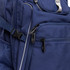 A navy blue backpack features multiple compartments and zippers, along with a mesh side pocket and a small logo.