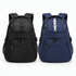 Two backpacks in black and navy blue, featuring multiple pockets and a branded logo on each.