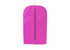 A pink non-woven garment bag with a hook at the top and a central zipper. It features a logo or branding on the surface.
