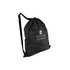 A black non-woven duffel bag with drawstring closure and an over-the-shoulder strap, featuring a logo.