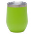 A drink bottle in vibrant green with a stainless steel lid, featuring a smooth, rounded design and a logo.