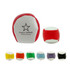 A collection of colourful hacky sacks in various colours, including red, yellow, green, purple, and black, with a logo.