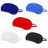 A collection of eye masks in red, blue, black, white, and a darker blue, featuring elastic straps and a logo.