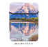 A 15-inch laptop sleeve featuring a scenic mountain and lake design with a black zipper and colourful landscape.