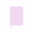 A pastel pink A5 notebook with a ribbon bookmark and a logo on the cover.