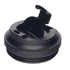 A black reusable coffee cup lid with a flip-top opening and a sealing mechanism, featuring a logo.