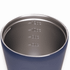 A drink bottle with a double-walled design, featuring a navy blue exterior and measurement markings inside.