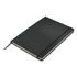 A black A4 hard cover notebook with an elastic strap and ribbon bookmark, featuring a branded logo.