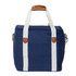 A navy cooler bag with white straps and brown leather trim, featuring a zippered closure and a side pocket.