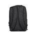 A black backpack with padded straps and a sleek design, featuring a logo on the exterior.