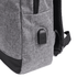 A grey fabric backpack with a side pocket and a small logo. The bottom has a contrasting black section.