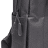 A black backpack with a zippered pocket and fabric pull tabs, featuring a sleek design and a branding logo.