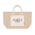 A striped tote bag in beige and brown with a central cream panel and a logo on it. Handles for easy carrying.