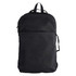 A black backpack with a zippered front pocket and two side straps. It features a top handle and a minimalist design.