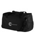 A black duffel bag with a logo, featuring two handles and an adjustable shoulder strap.