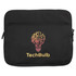 A black laptop sleeve featuring a graphic of a lightbulb with gears and a logo.
