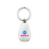 A silver keytag with a teardrop shape and a logo, featuring a blue globe and pink text.