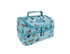 An insulated double decker lunch bag in light blue with a playful dog print, featuring a zipper and a handle.