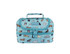 A teal insulated double-decker lunch bag featuring various dog illustrations and a zip closure. It has a handle and a logo.
