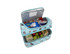 A double-decker lunch bag in light blue featuring a dog pattern, filled with snacks and a drink carton.