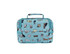 A turquoise insulated double-decker lunch bag featuring various dog illustrations and a branded logo.