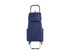A navy blue shopping trolley with a foldable design, featuring a top flap and side pockets. Includes a handle and wheels.