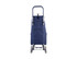 A navy shopping trolley with a sturdy frame, featuring pockets and white wheels, and a logo on the design.