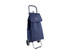 A navy blue shopping trolley with a foldable cover and two wheels, featuring a handle and a side pocket.