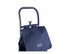 A navy blue shopping trolley with a foldable cover and a handle, featuring a logo on the front.