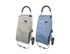 A grey and a blue aluminium shopping trolley with black handles, featuring a logo on each trolley.