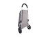 A grey aluminium shopping trolley with black wheels and handle, featuring a simple design and a logo.