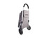 A grey aluminium shopping trolley with a fabric cover and black wheels, featuring a handle and a flap front.