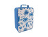A blue and white insulated lunch bag with a tropical palm print and a carry handle, featuring a logo.
