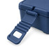 A navy blue lunchbox features a double tray design with a flexible carrying handle. It includes a logo on the surface.