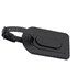 A black luggage tag with a textured surface and a sturdy attachment strap. It features a smooth, raised centre.