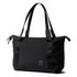 A black tote bag with dual handles and a zippered closure. It features a logo on the front.
