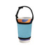 A drink bottle sleeve in light blue, with a black strap, encasing a paper cup featuring colourful patterns.